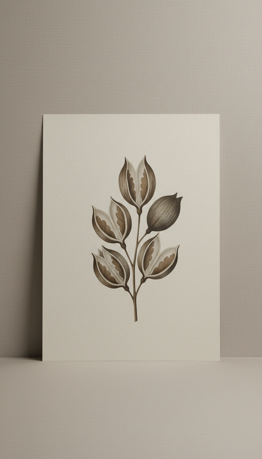 Seed Pod Study archival cotton rag print, Three-quarter overhead angle preferred for prints, allowing both the texture of...