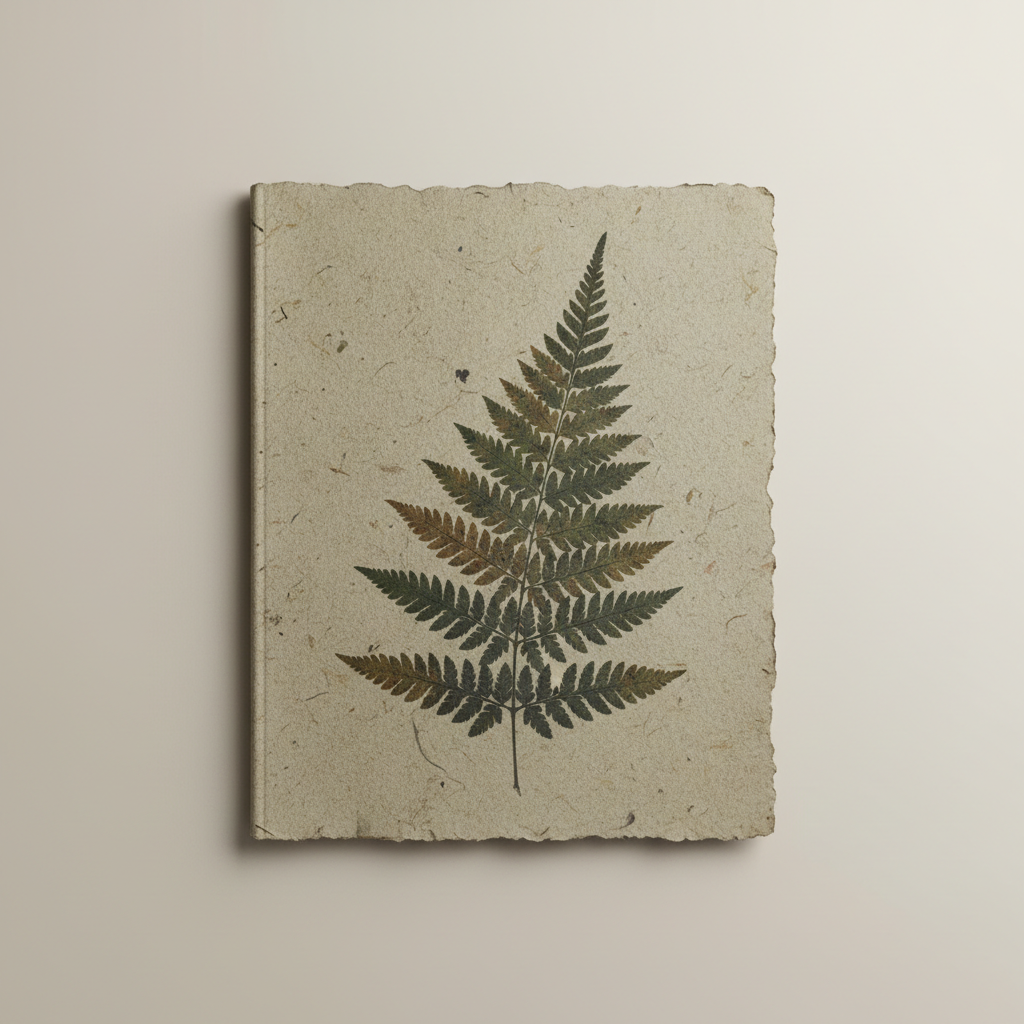 Portfolio with a pressed fern illustration and a rough recycled paper texture from the "Botanical Studies" collection:...