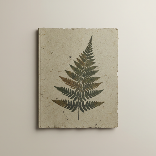 Portfolio with a pressed fern illustration and a rough recycled paper texture from the "Botanical Studies" collection:...