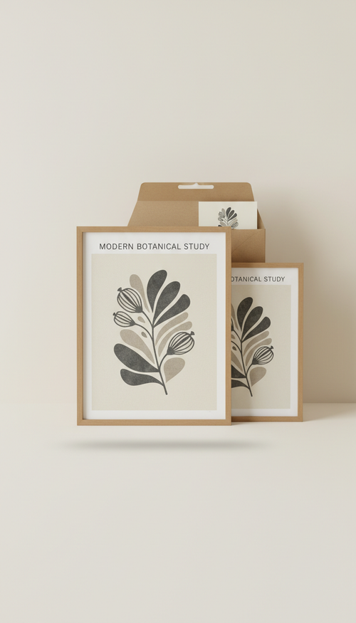 Modern Botanical Study limited-edition art print, Hero products positioned at a 3/4 angle to reveal both artwork surface...