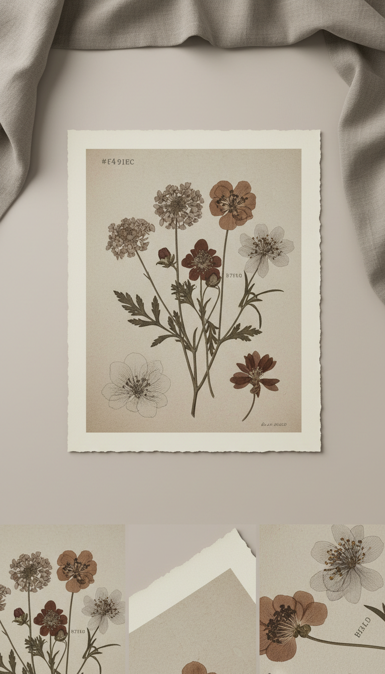 Botanical still life museum-grade print, Three-quarter angle product shots on uncluttered antique oak surfaces or softly...