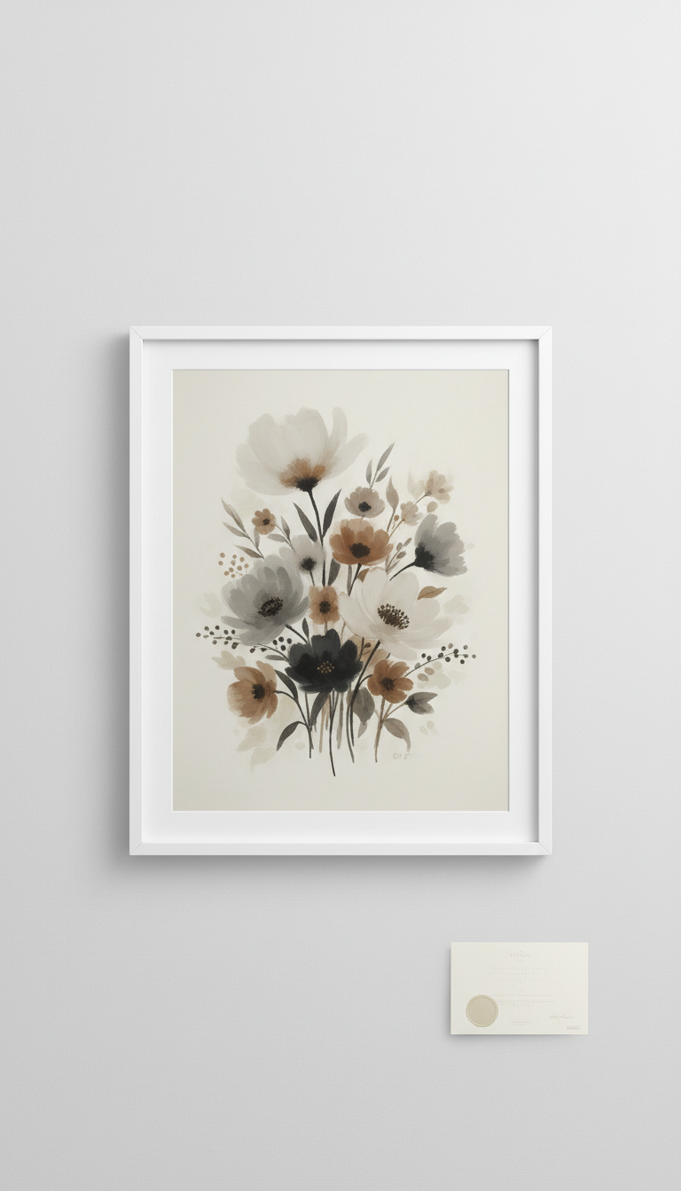 Muted floral fine art print, Prints photographed straight-on at eye-level for clarity and scale; one print per shot,...