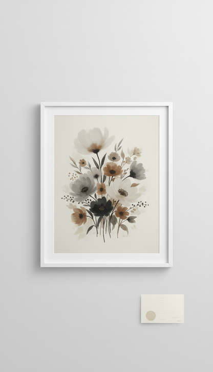 Muted floral fine art print, Prints photographed straight-on at eye-level for clarity and scale; one print per shot,...