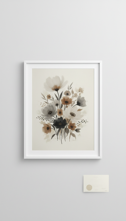 Muted floral fine art print, Prints photographed straight-on at eye-level for clarity and scale; one print per shot,...