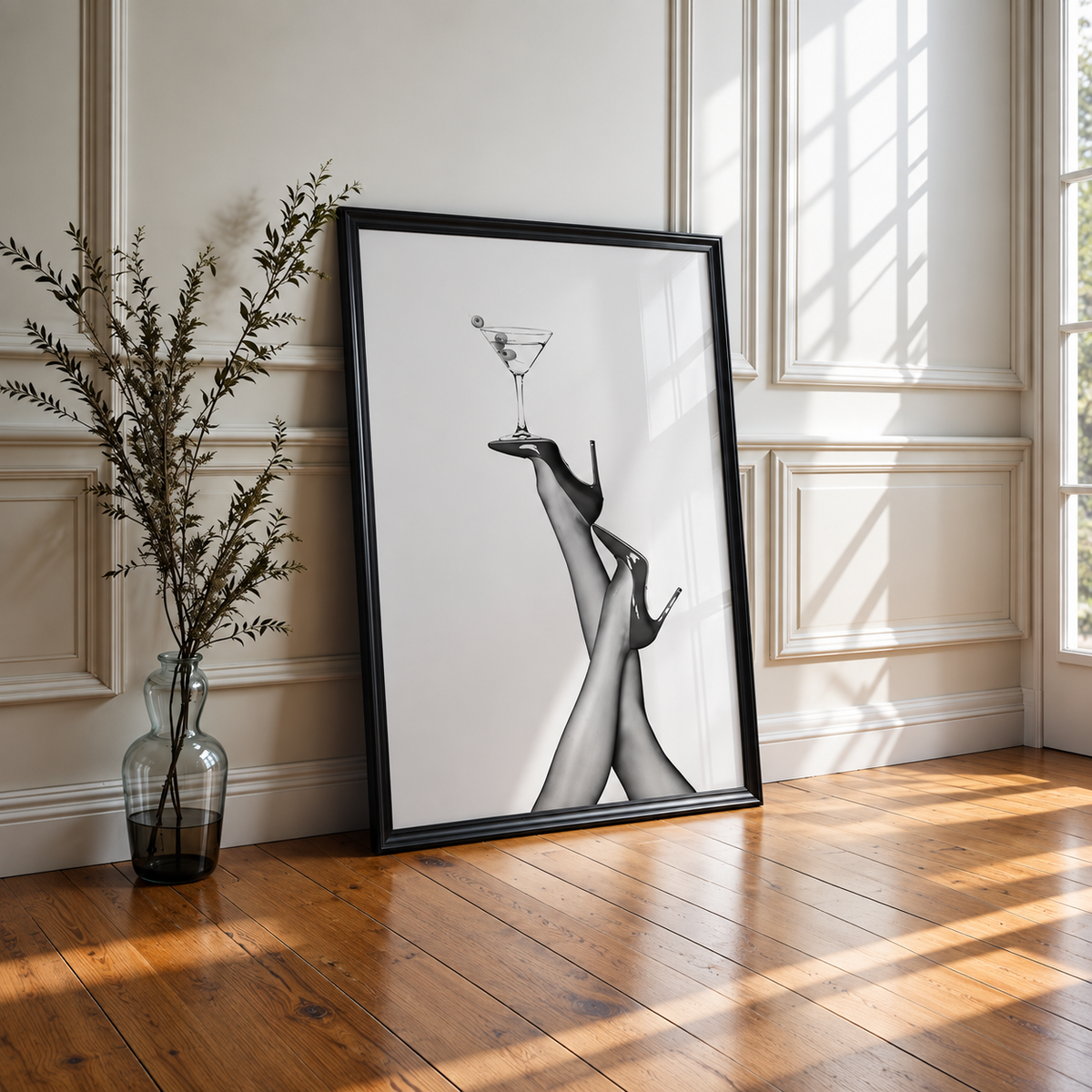 Black and white high heels and martini wall art in a square room mockup